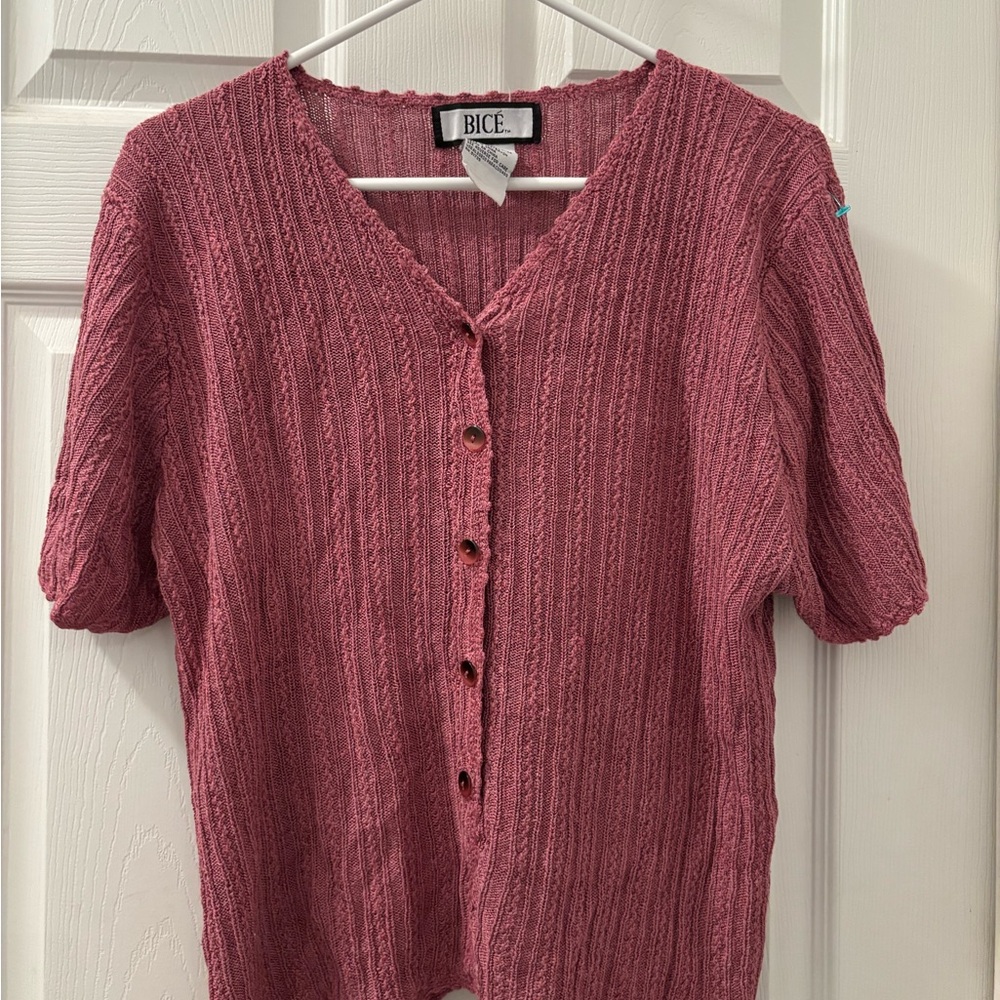 BICE Mauve-Pink Short Sleeve Button-Front Knit Top